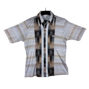 Vintage Alan Stuart Mens Short Sleeve Button Down Shirt Striped MCM Geometric L